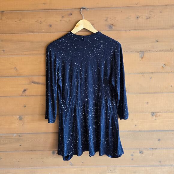 Alembika Tunic Top 2 Black White Splatter Pocket Front 3/4 Sleeve Soft Stretchy - Picture 2 of 7